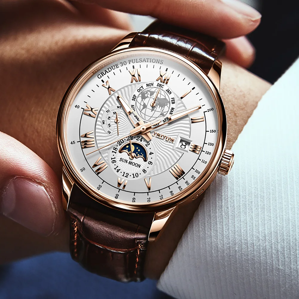 Top Brand Luxury Mechanical Watch Men Automatic Leather Casual Waterproof Sports Moon Phase Wristwatch Reloj Hombre +Box