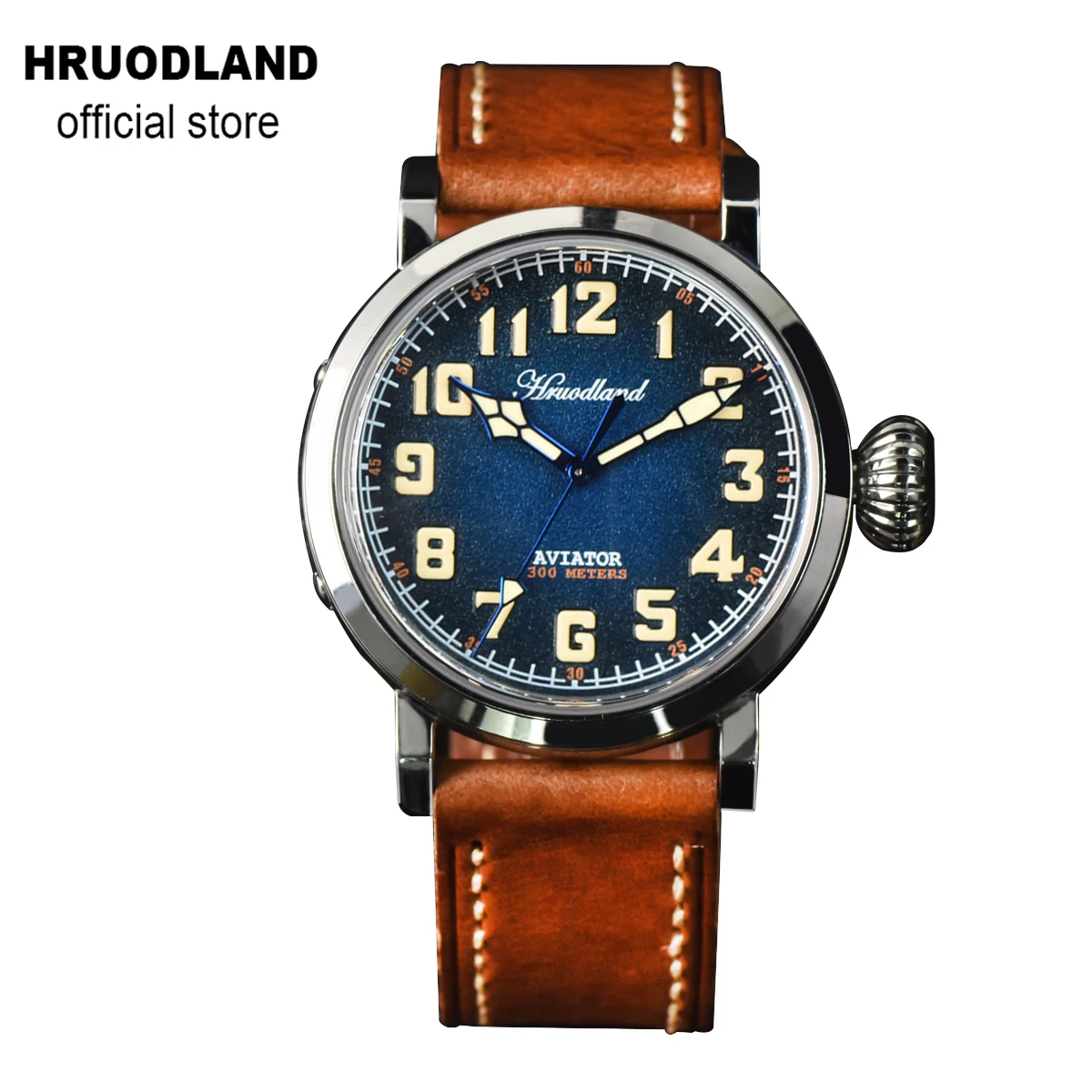 Hruodland Stainless Steel Automatic Men Pilot Watches Sapphire Crystal 300m Water Resistant Mechanical Blue Classic  Wristwatch