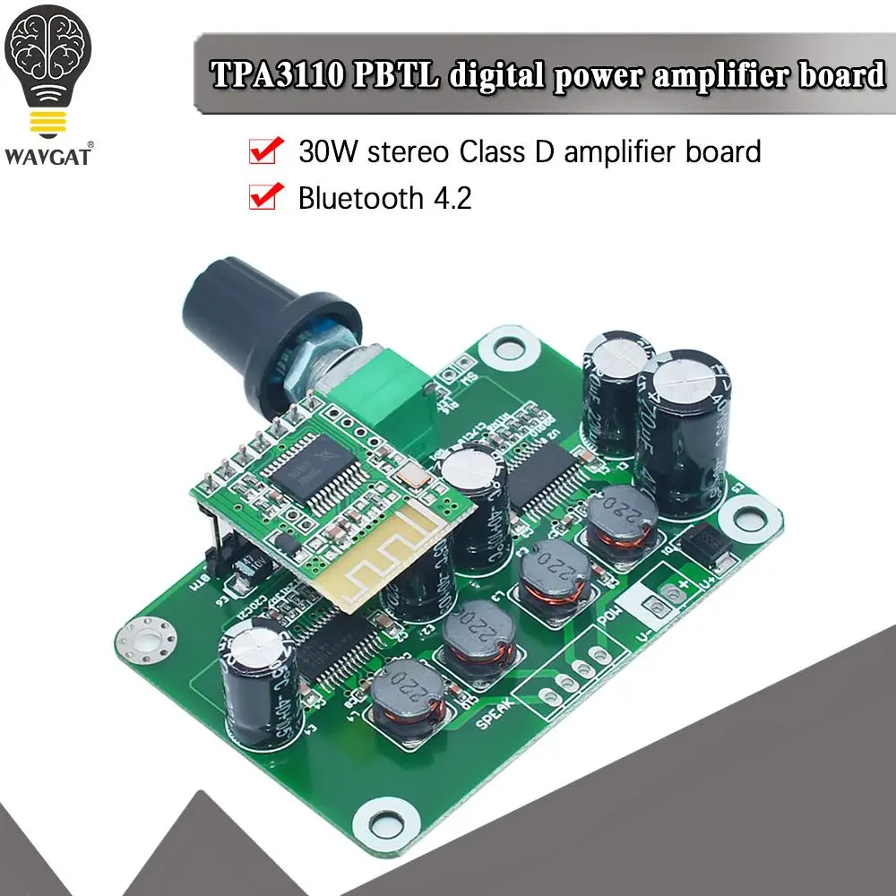 WAVGAT Bluetooth 4.2 TPA3110 30w+30W Digital Stereo Audio Power Amplifier Board Module 12V-24V car USB Speaker,Portable Speaker