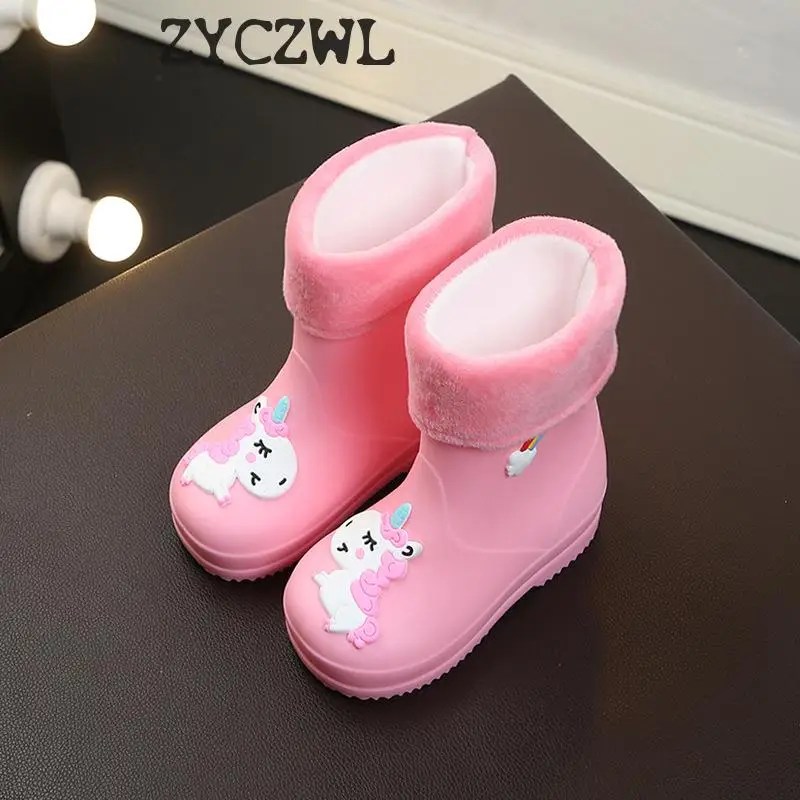 New Kids Rain Boots For Girls Rubber Rainboot Boys Baby Girls PVC Warm Children Waterproof Shoes Modis Cartoon Unicorn Removable