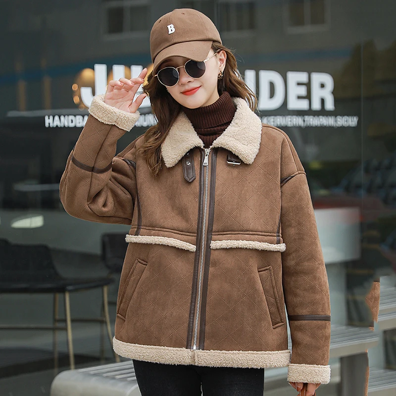 

Ladies Motorcycle Wear Deerskin Wool Lamb Wool Coat New Autumn Winter Jacket Female Outsidewear Loose Plus Velvet Thick Overcoat