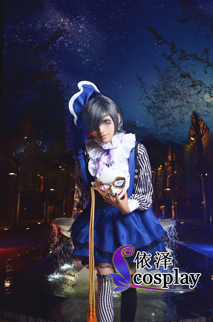 Ciel Phantomhive Ciel Cosplay Set Circus Costume Blue Overall Black 5 in1 shirt+waistcoat+shorts+hat+tie