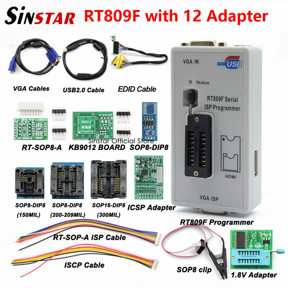 

Original RT809F programmer +12 Adapters+sop8 IC clip+CD+1.8V / SOP8 Adapter VGA LCD ISP programmer adapter universal programmer