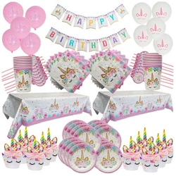 Juego de vajilla desechable de Unicornio para niños, decoración para fiesta de cumpleaños, suministros para fiesta de bebé y Niña