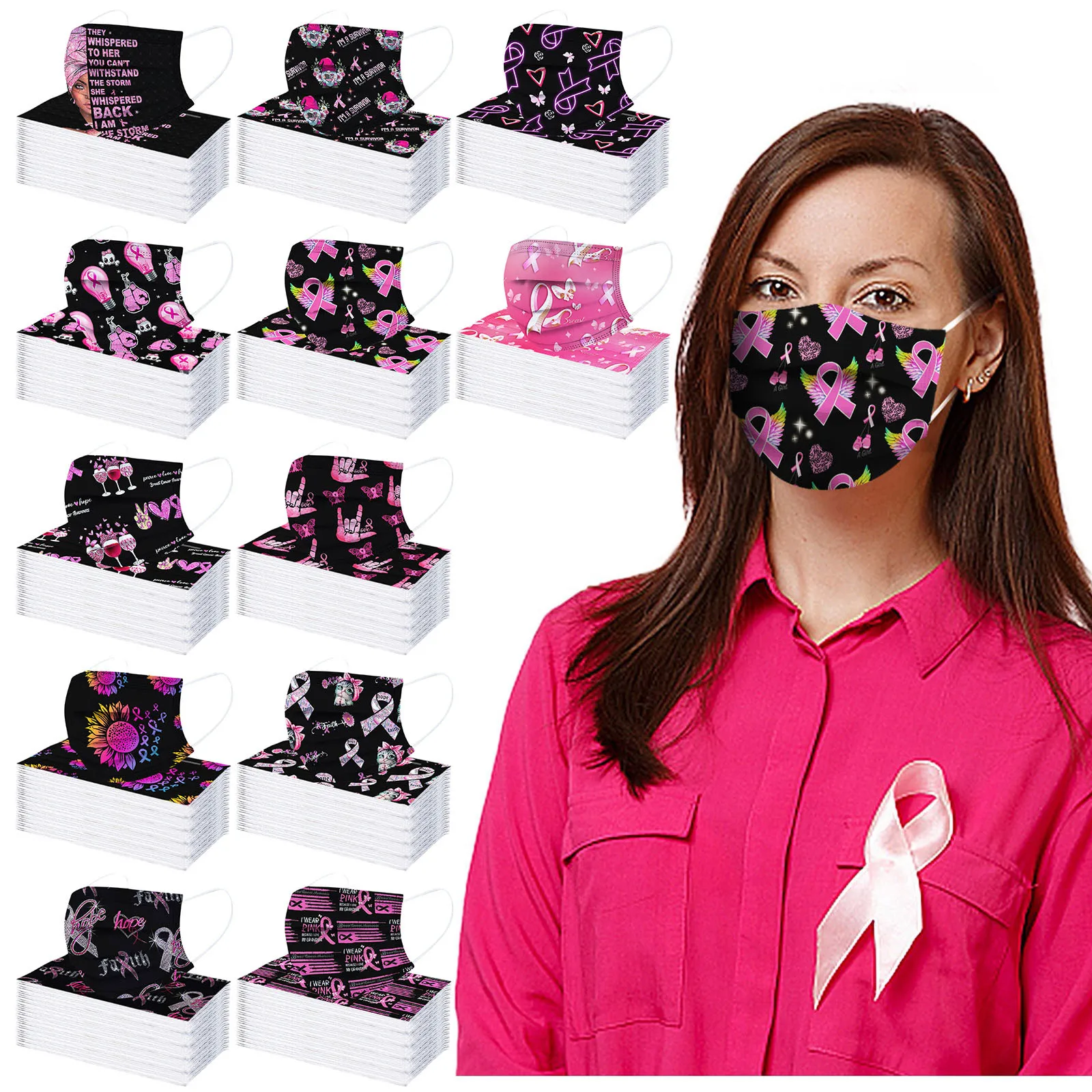 

50pc Breast Cancer Printed Adults Disposable Mask Breast Cancer Ribbon Mascarillas Desechable 3 Layer Facemask Halloween Cosplay