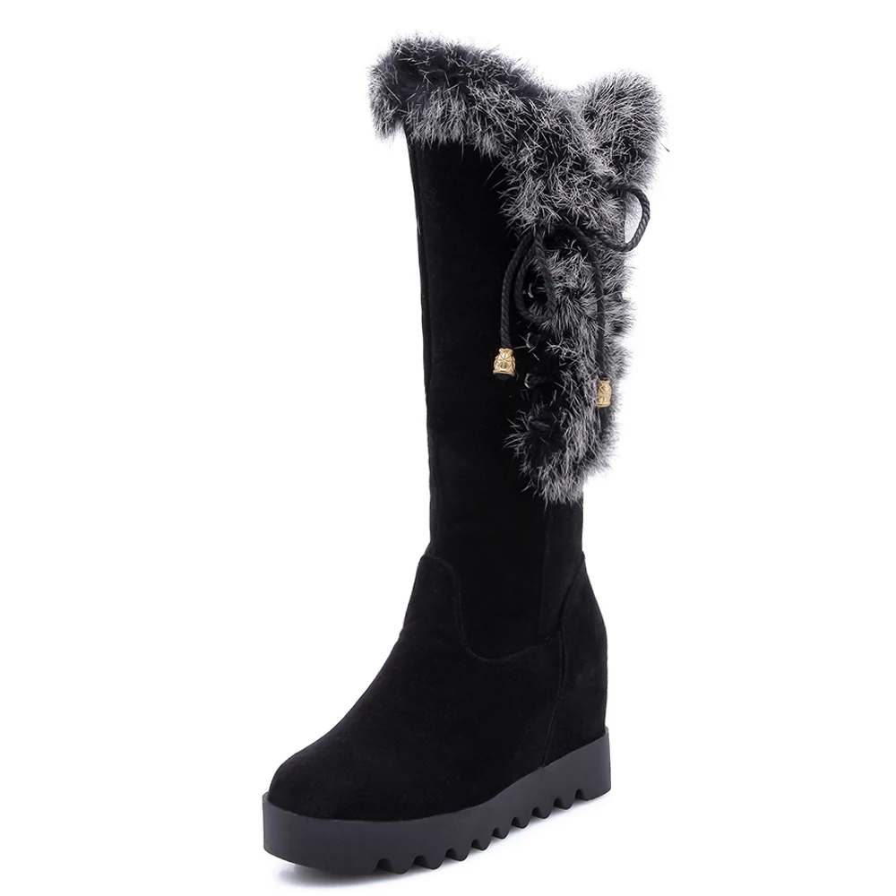 Wedge Heel Women's Sleeve High-Heeled Snow Boots Winter New High-Heeled Flock Boots Internally Increased Artificial Rabbit Shoes