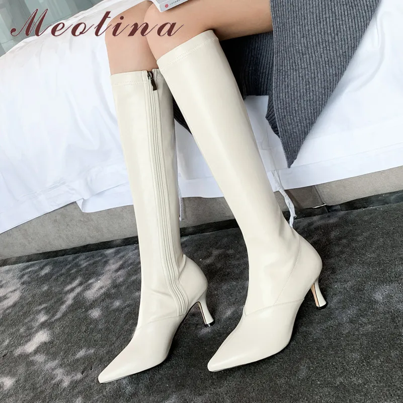 Meotina Winter Knee High Boots Women Natural Genuine Leather Thin High Heel Long Boots Slim Stretch Zipper Shoes Lady Fall 34-39