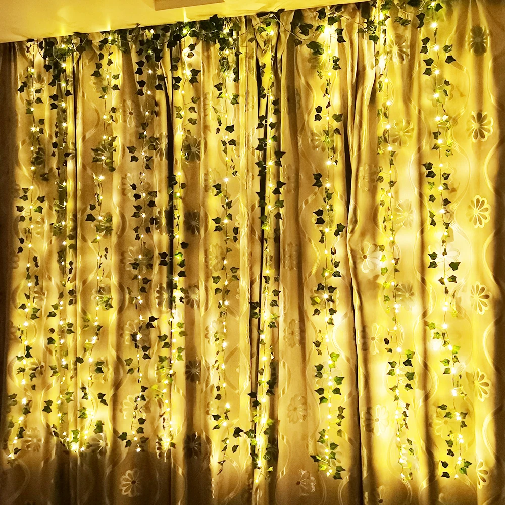 LED Garland Copper Fairy String Curtain Lights with Artificial Ivy Leaf Plants Home Decor for Wedding Room Outdoor Decoration