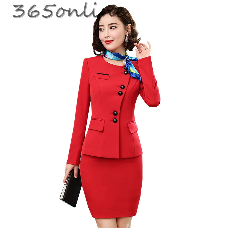 Novelty Red Formal Women Business Suits with Skirt and Jackets Coat Professional Office Ladies Blazers OL Styles with Scarf