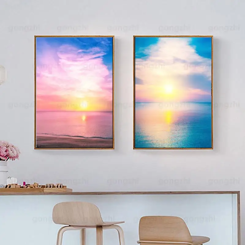 sunset seascape golden sun blue sea pink sky beautiful wall painting HD photography printing home canvas frameless poster