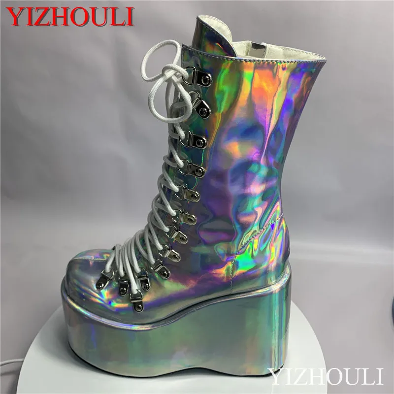 Slope heel 12.5cm high heels, stage show style street hipster style dazzle color ankle boots custom, steel pole dancing shoes