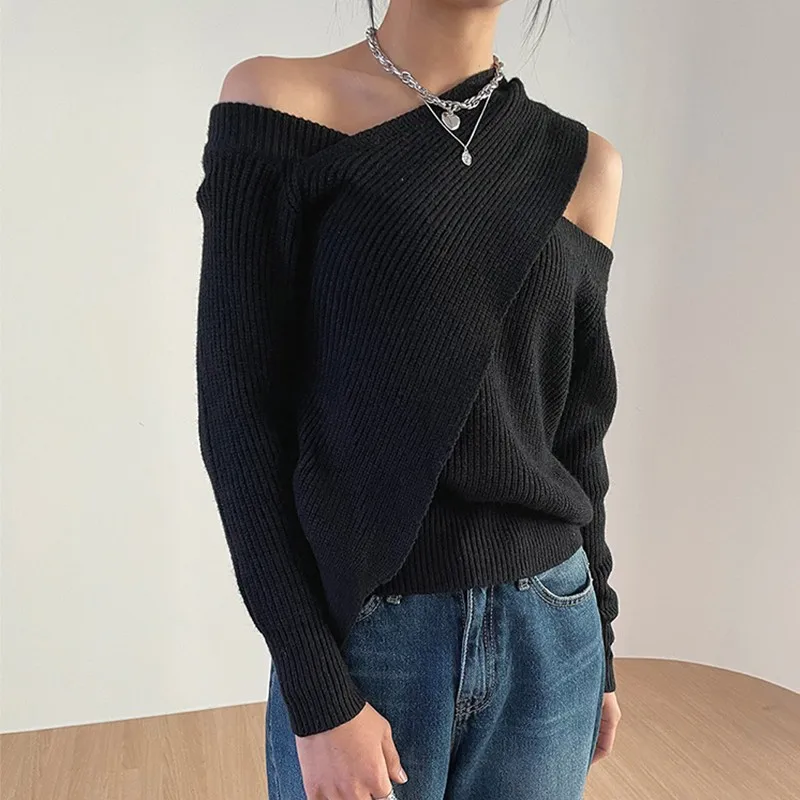 Karrram Winter Spring Women Sweater Knitted Cutout Sexy Off Shoulder Cross Korean Style Jumper Warm Lady Tops Irregular Pullover