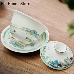 180ml Jingdezhen Landscape Ceramic Gaiwan Cup Hand-painted Tea Tureen Chinese Retro Tea Set Accessories Tea Ceremony Drinkware