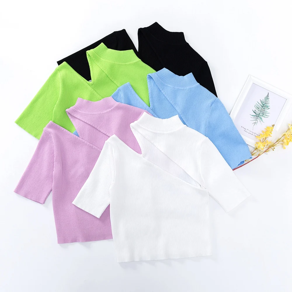 Candy Color High Neck Ribbed Knitted T-shirt Women Sexy Short Sleeve Strench Tshirt Ladies Streetwear White Crop Top 2021
