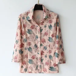 Middle Age Women Blouse Summer New Plus Size Mother Clothing Silk Print Chiffon Shirt Blusa Feminina Top Cardigan 5XL W2128