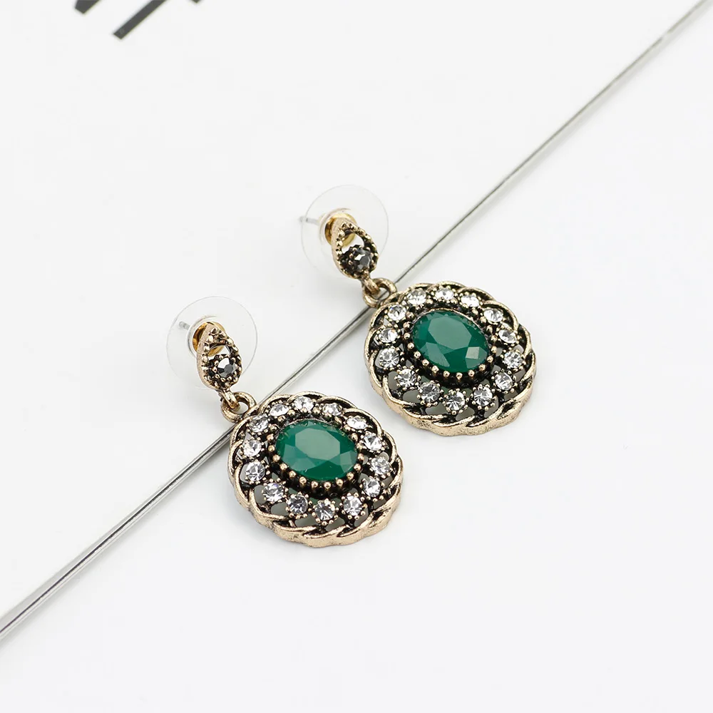 Sunspicems Vintage Dangle Earring Round Gray Crystal Turkish Design Ethnic Female Wedding Jewelry Antique Gold Color Love Gift