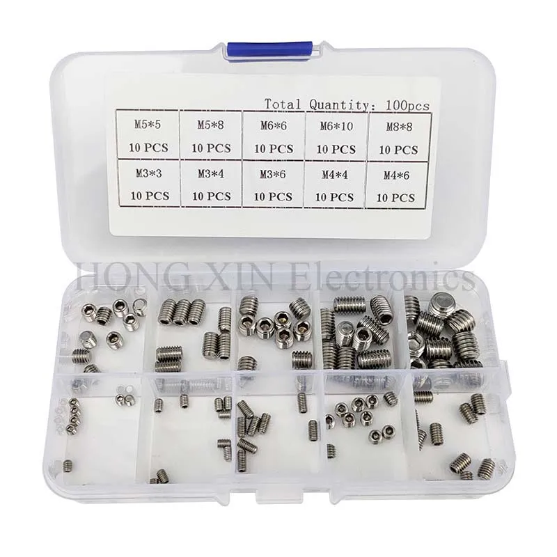 100 Stks/set Rvs Hout Schroeven Allen Hoofd Socket Hex Set Grub Schroef Assortiment Cup Point Parafuso Assortiment