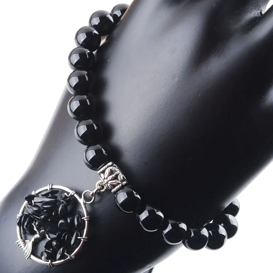 WOJIAER Natural Stone Strand Bracelet On Hand Black Quartz 8mm Beads 7 Chakra Chips Tree Of Life Pendant Men Jewelry K3279