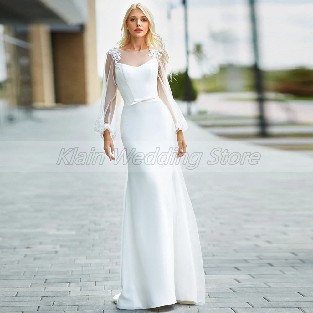 Simple Sheath Jersey Wedding Dress for 2023 Brides Illusion Scoop and Long Sleeve Bridal Gowns with Appliques  Lace Up Back