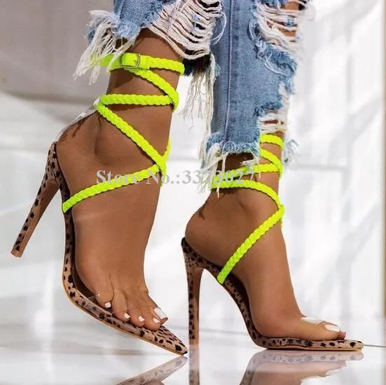 Sexy Lemon Yellow Ropes Sandals Lady New Leopard Mixed Color PVC Stiletto Heel Dress Sandals Shoes Women Party Heels Dropship