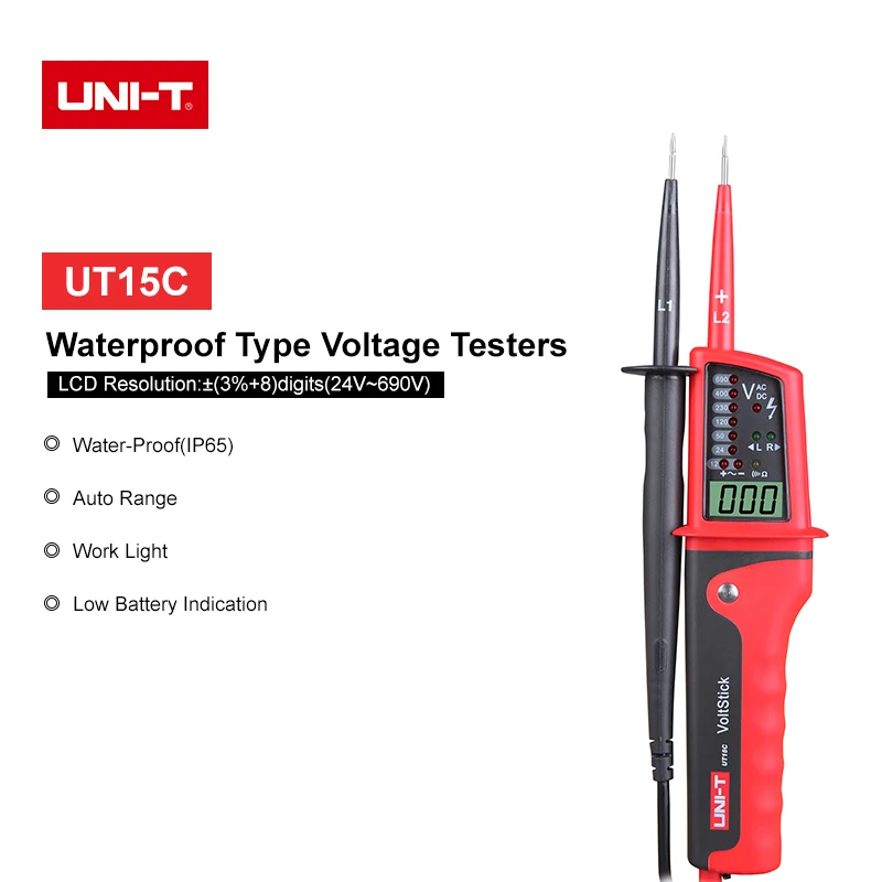 UNI-T UT15C Waterproof Digital Voltage Meter 24V~690V AC/DC Voltage Testers LCD Display Auto Range Phase Rotation voltage tester