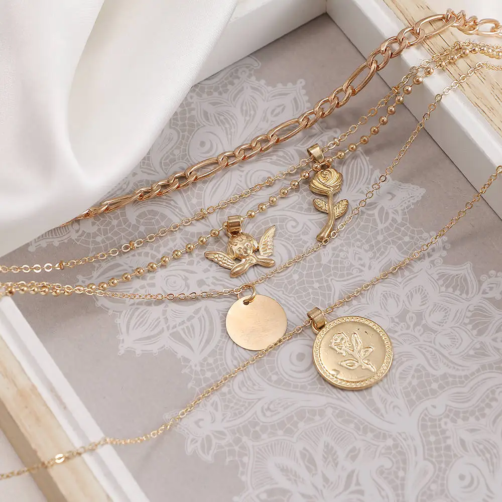 KISS WIFE Vintage Multilayer Golden Chain Necklace For Women Coin Angel Rose Flower Pendant Necklace Fashion Jewelry On The Neck