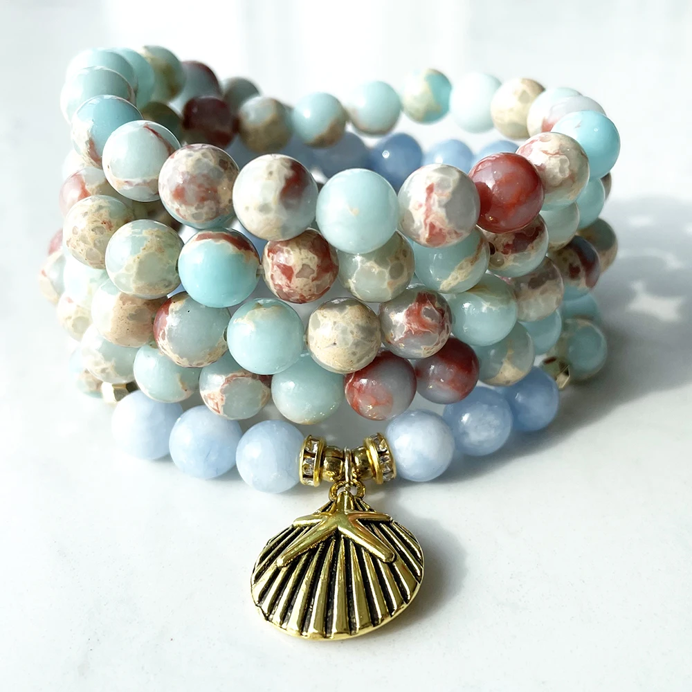 MG1382 Aqua Terra Jasper 108 Mala Bracelet Women`s 8 mm Aquamarine Starfish Charm Necklace Balance Yoga Mala Jewelry