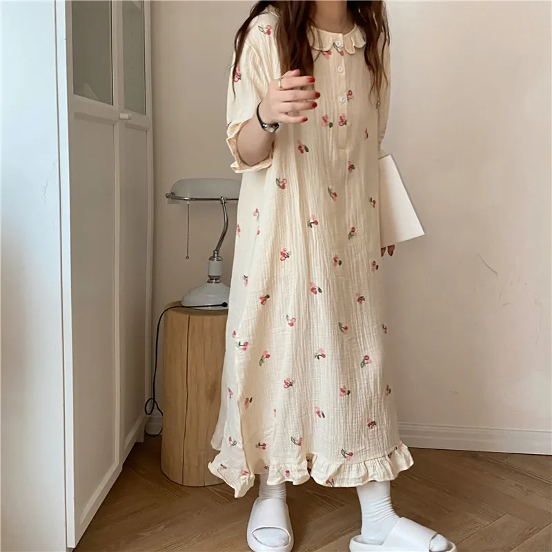 Summer Cute Cotton Nightgown Peter Pan Collar Short Sleeve Midi  Dress Homewear Soft Comfortable Ruffles Sleepwear Nightdress