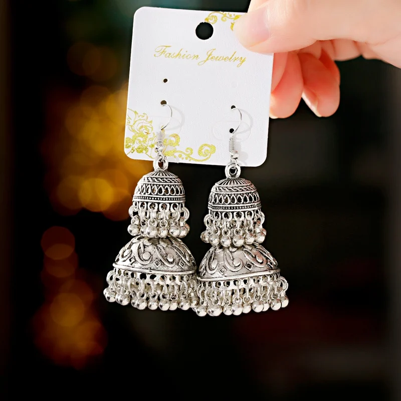 Egypt Vintage Women's Silver Color Double Layer Bells Tassel Earrings Ethnic Turkish Tribal Gypsy Earrings Indian Jewelry