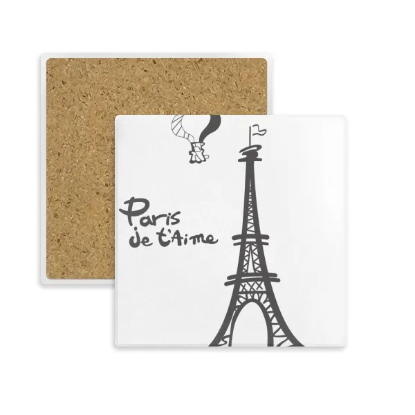 

Line Drawing Eiffel Tower Paris Square Coaster Cup Mug Holder Absorbent Stone For Drinks 2pcs Gift