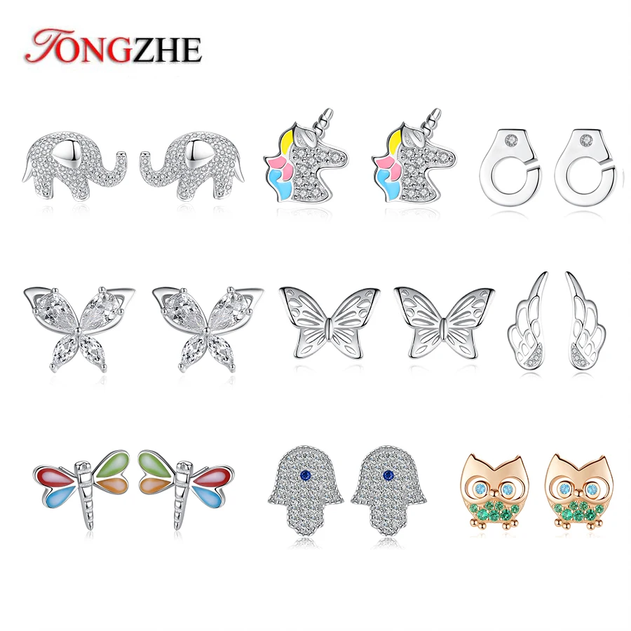 

TONGZHE 925 Sterling Silver Earrings for Women Elephant Fish Butterfly Owl Pave CZ Luck Turkey Hamsa Hand Stud Earrings Jewelry