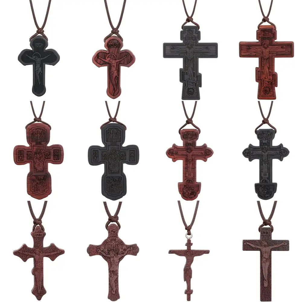 INRI St.Benedict Crucifix Jesus Pendant Necklaces for Men Religious Umbila Ebony Wooden Orthodox Cross Necklace Prayer Jewelry