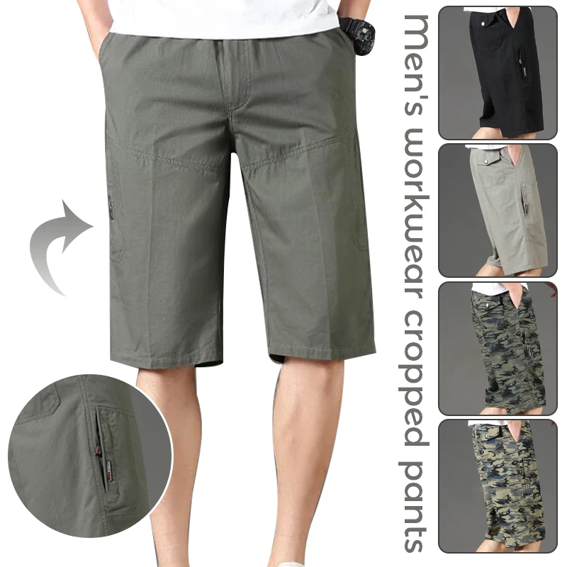 Mens 3/4 Length Cargo Pants Shorts Baggy Casual Trousers Plus Size Summer Breeches Cropped Trousers Military Camouflage Shorts