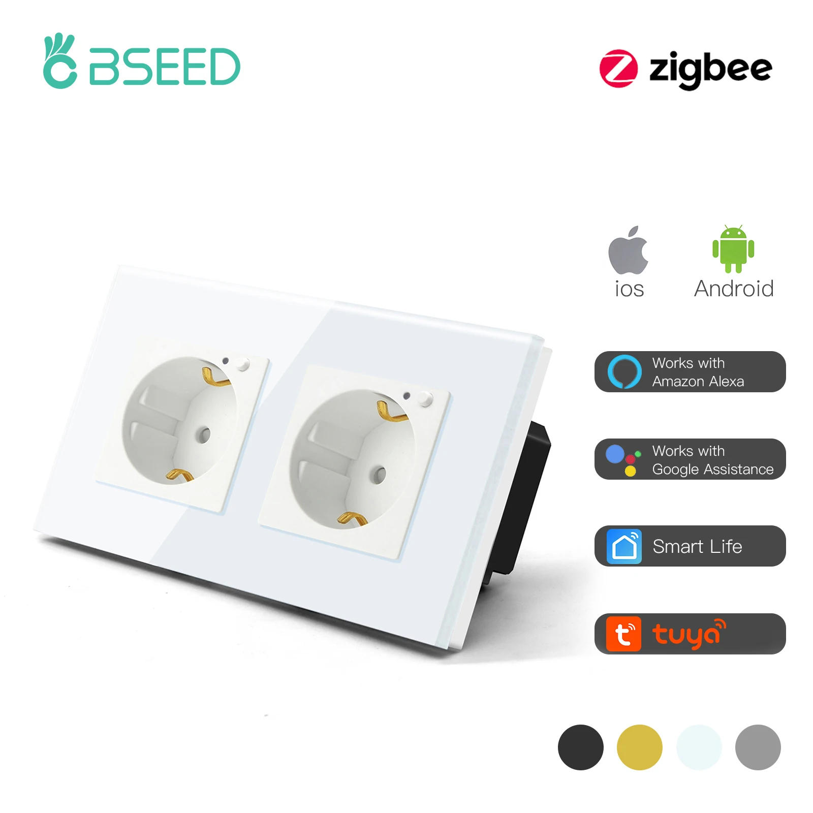 

BSEED EU Standard ZigBee Wall Double Socket Crystal Glass Panel Smart Outlets Tuya Smart Life Google Home Voice Control