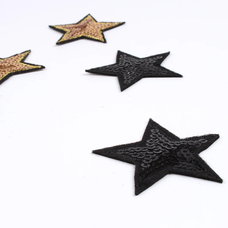 10pcs/lot Sequined Black Star Patch Iron On Stickers Embroidered Fabric Appliques DIY Sewing Garments Accessories Jeans Badge