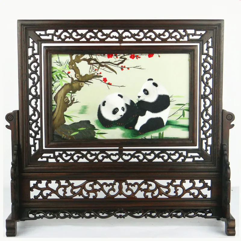 Chinese Style Decor Crafts Decorations Office Home Accessories Ornaments Suzhou Silk Embroidery Paintings Wenge Wood Frame Gift