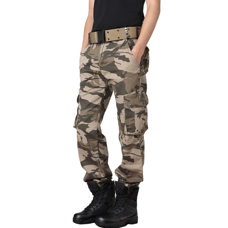 Navy Blue Multi-pocket Camo Cargo Pants Men Autumn Winter Plus Velvet Warm Straight Trousers Outdoor Fan Pants