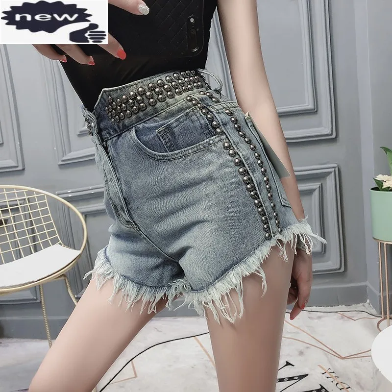 

Summer Ladies Waist Tassels Denim Short Rivets Studded Punk Hot Shorts High Street Slim Fit Women Fashion Mini Jeans