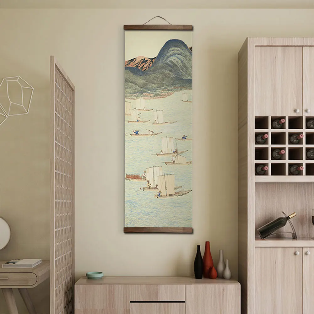 Japanese Style Ink Landscape Alpine Canvas Decorative  Bedroom Living Room Wall Art Posters Chinese Solid Wood Scroll Paintings