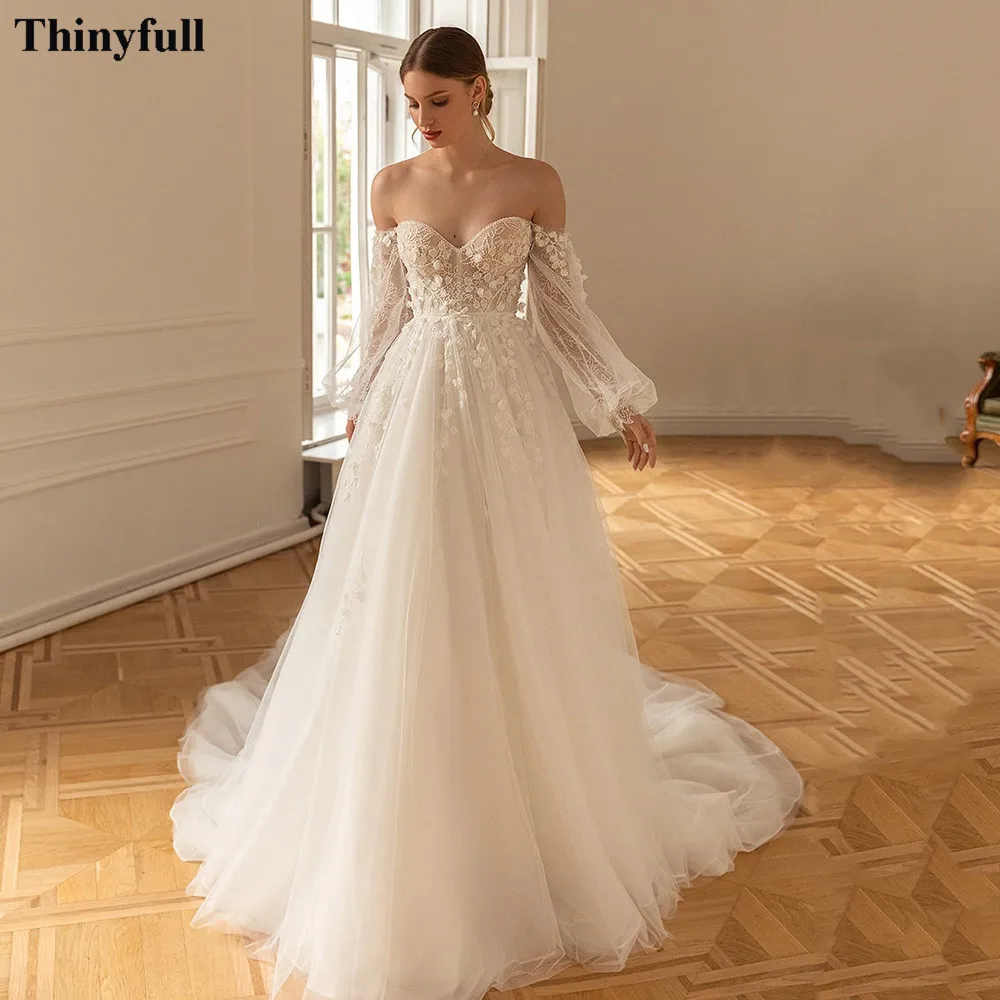 Thinyfull Long Puff Sleeves Boho Wedding Dresses Appliques A Line Formal Wedding Party Dress Plus Size Bridal Gowns Customized