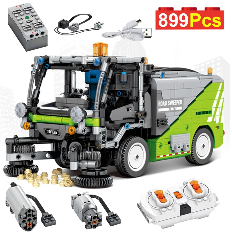 Technical 899Pcs Urban Sanitation Sweeper Remote Control Cleaning Car Model Building Blocks City Vehicle With Lights Bricks Toys