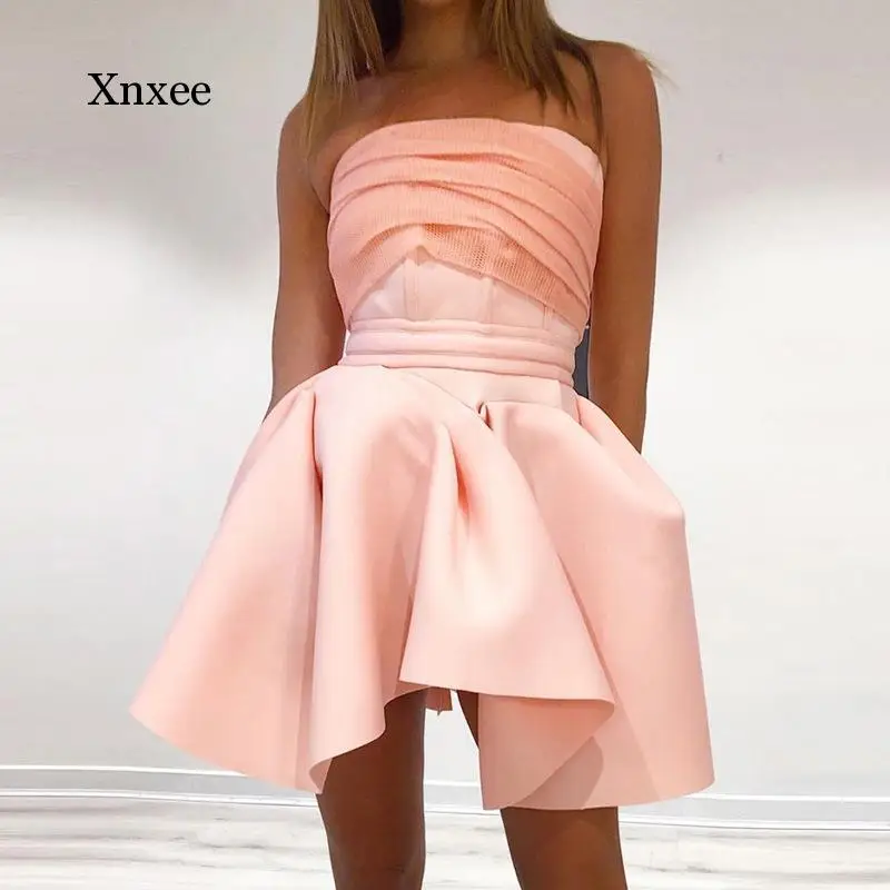 Strapless Birthday Dress Women Fashion Mesh Patchwork Irregular Celebrity Party Mini Dress Chic Pink Short Cute Outfit New