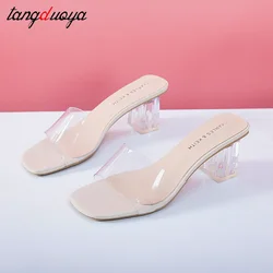 Crystal Clear Transparent Slippers Female Shoes Middle Heels Comfortable New Summer Women Shoes Woman Fashion Cool Mules Slides