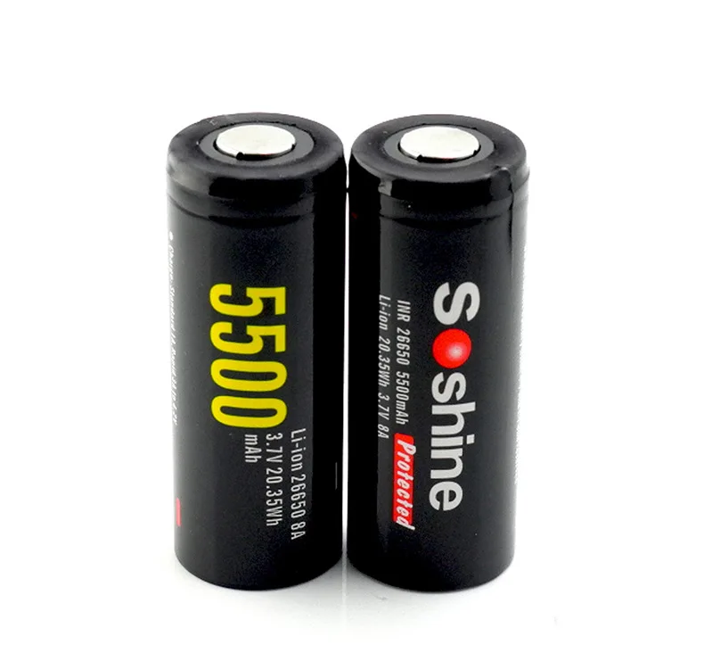 Soshine 2PCS 26650 5500mAh 3.7V Li-ion Rechargeable Battery Protected With USB 2-slot Smart Type-C Fast Charger