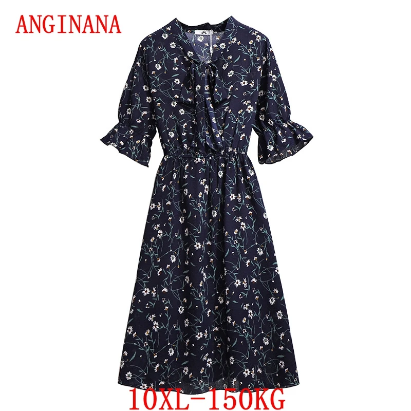 ANGINANA Large size women's dress flowers big size 9XL 10XL summer V-neck short sleeve loose large elastic waist black white