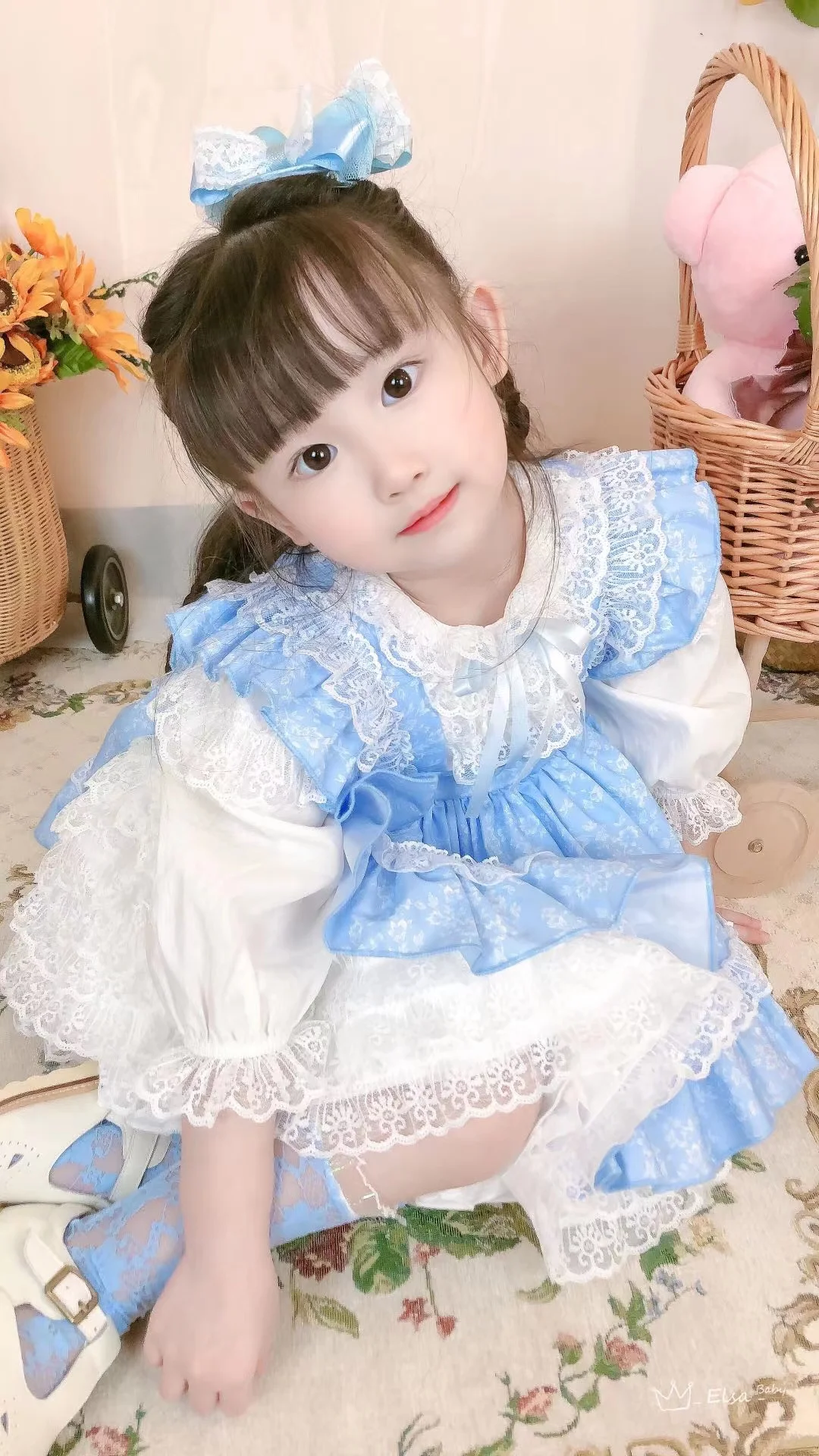 

1~6Y Baby Girls Princess Party Autumn Winter Toddler Sky Blue Floral Kids Dresses Velet Long Sleeve Ball Gowns for Christmas