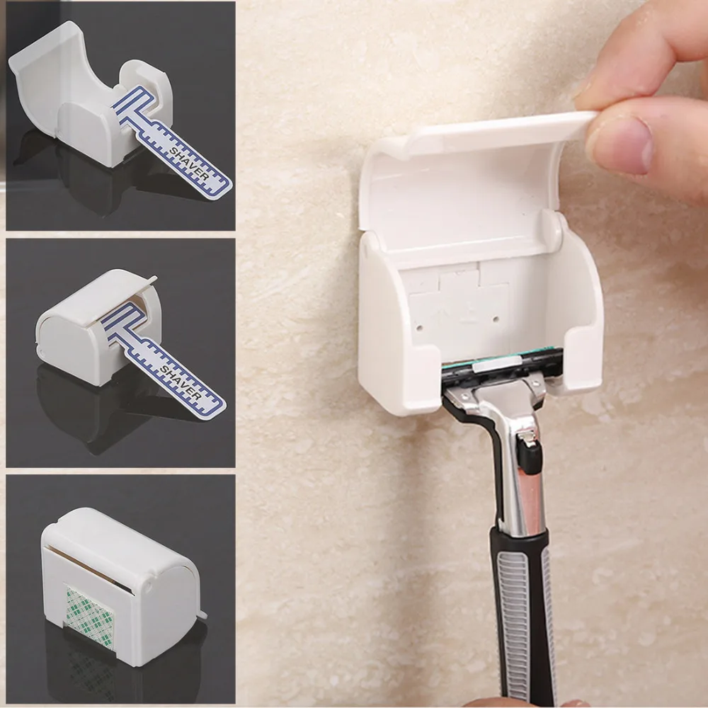 Sticky Shelf Self Adhesive Dustproof White Shaving Plastic Razor Holder Box 1PC Wall Mounted Bathroom Set Razor Cap Shaver Rack