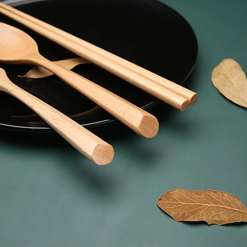 Chopstick Spoons Fork Handmade Japanese Natural Wood Chopsticks Spoon Set with Gift Pocket Beech Tableware