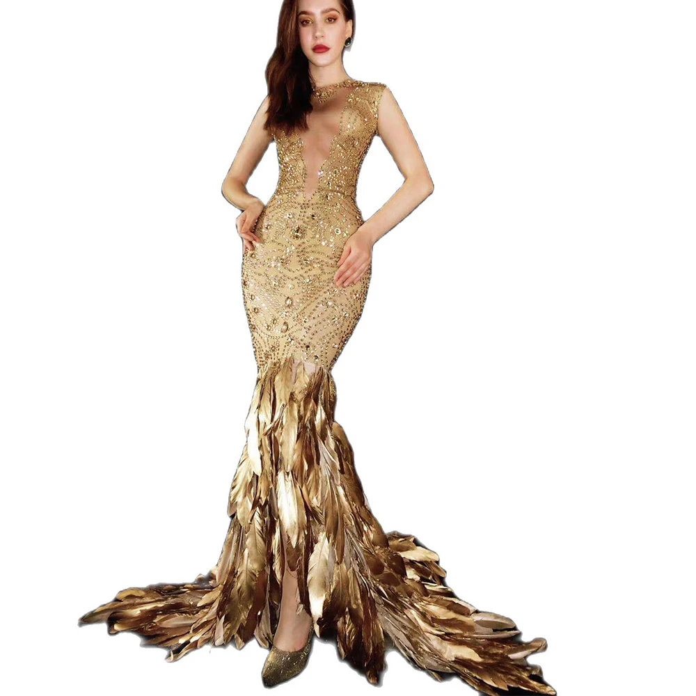 Women Glisten Gold Inlaid Diamond Dress Transparent Sleeveless Tight Elastic DS Costumes Long Feathers Trailing Dressy