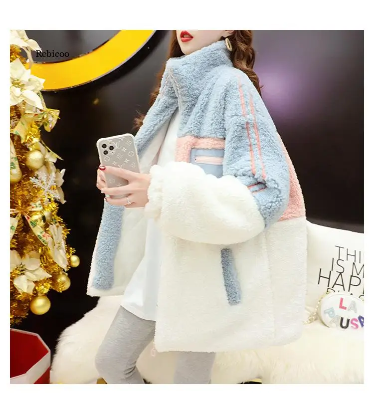 

Female Casual Loose Long Sleeve OuterwearWinter New Warm Plush Furry Women Jackets Fashion Patchwork Zipper Pocket Hooded Coats